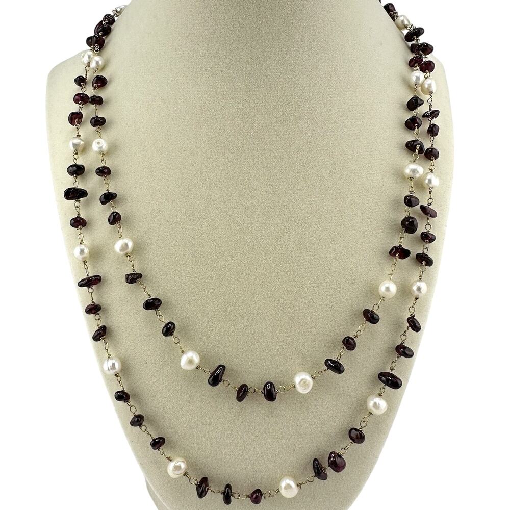 Genuine Freshwater Pearls Tumbled Garnet Beads Handmade Gold Tone 43” Necklace